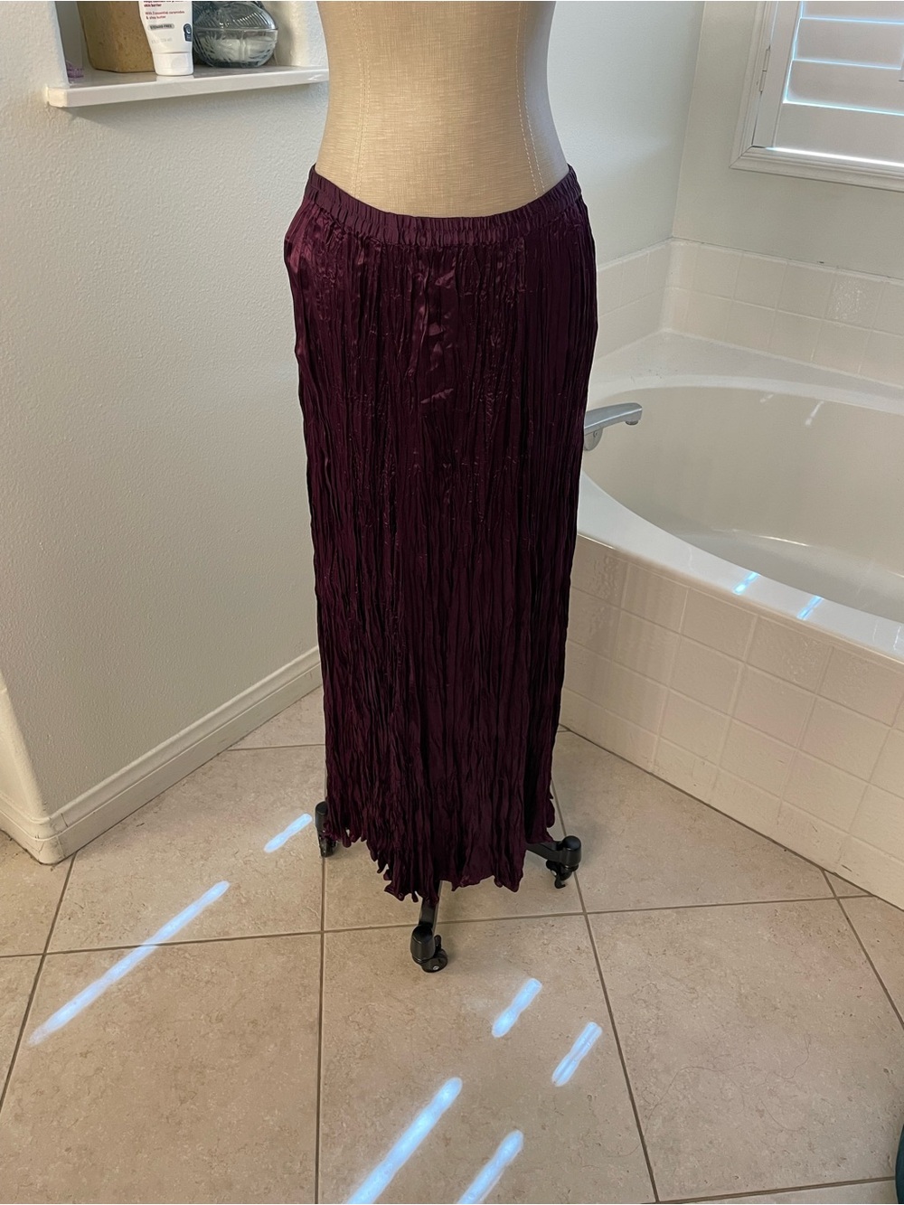 Pleated Crinkle 100% Silk Maxi Skirt - Deep Plum